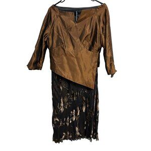 Two-Piece Brown Black Floral Outfit Shiny Asymmetrical Top And Burnout Skirt